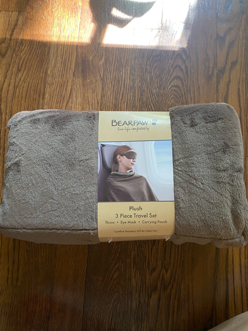 BearPaw Coco Plush 3-Piece Travel Set Brown Blanket Throw, Eye Mask, Pouch NEW
